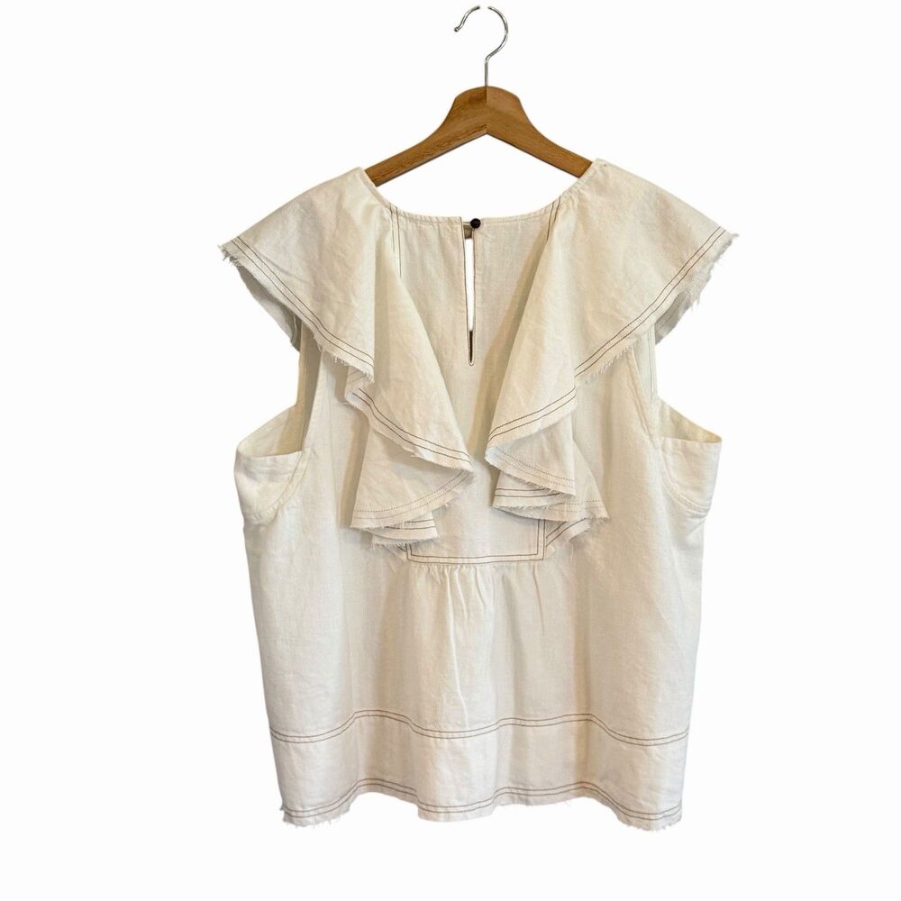 Pilcro Boho Coastal Linen Blend Ruffle Neck Top Size L Lightweight Loose Travel - Picture 3 of 7